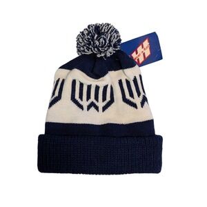 Wear-a-Knit Vintage Beanie Hat Navy Blue Cream Geometric Pom Pom Made in USA NWT